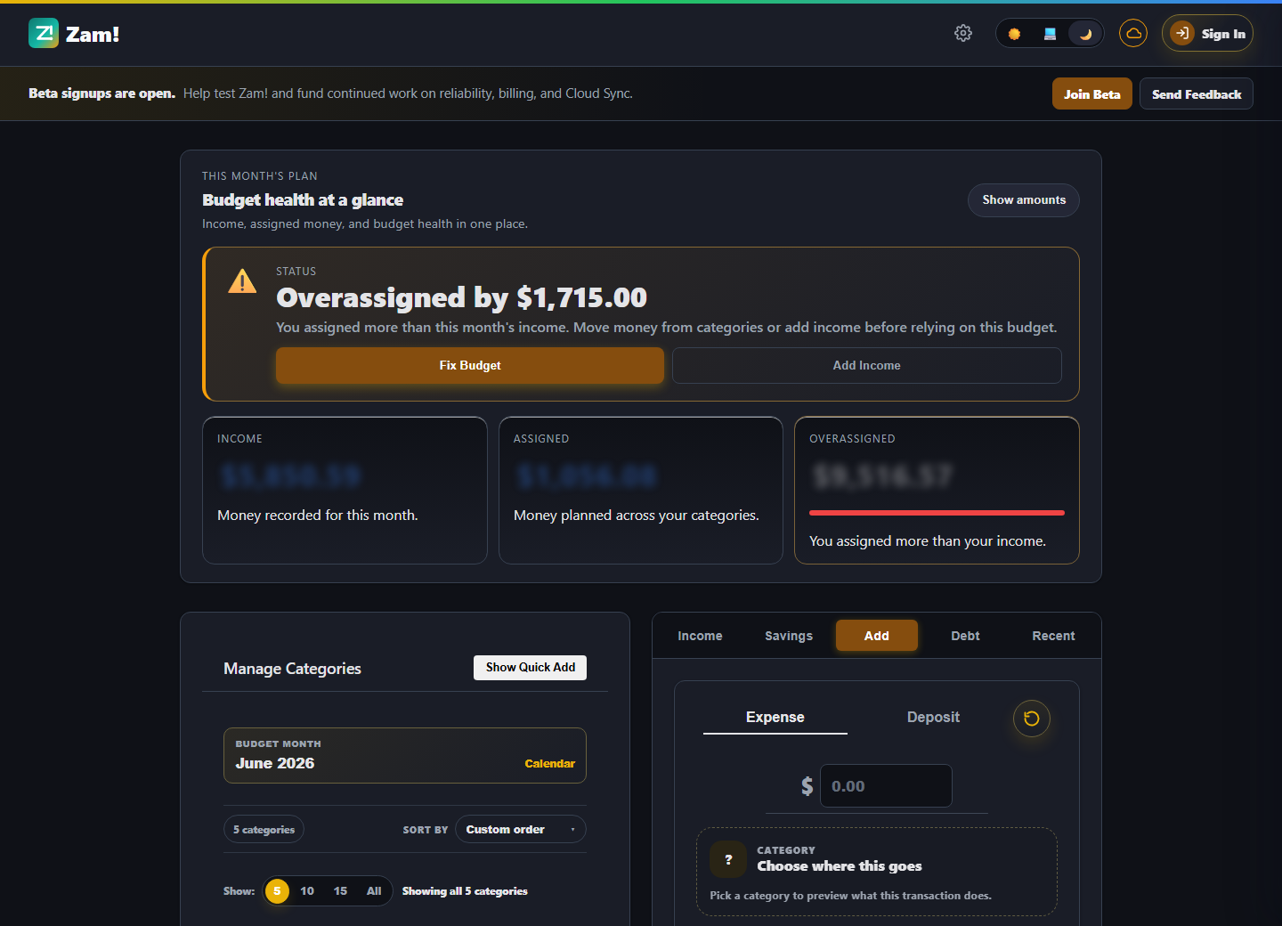 Zam! add transaction panel showing amount entry, transaction type, category, date, payment method, and notes.
