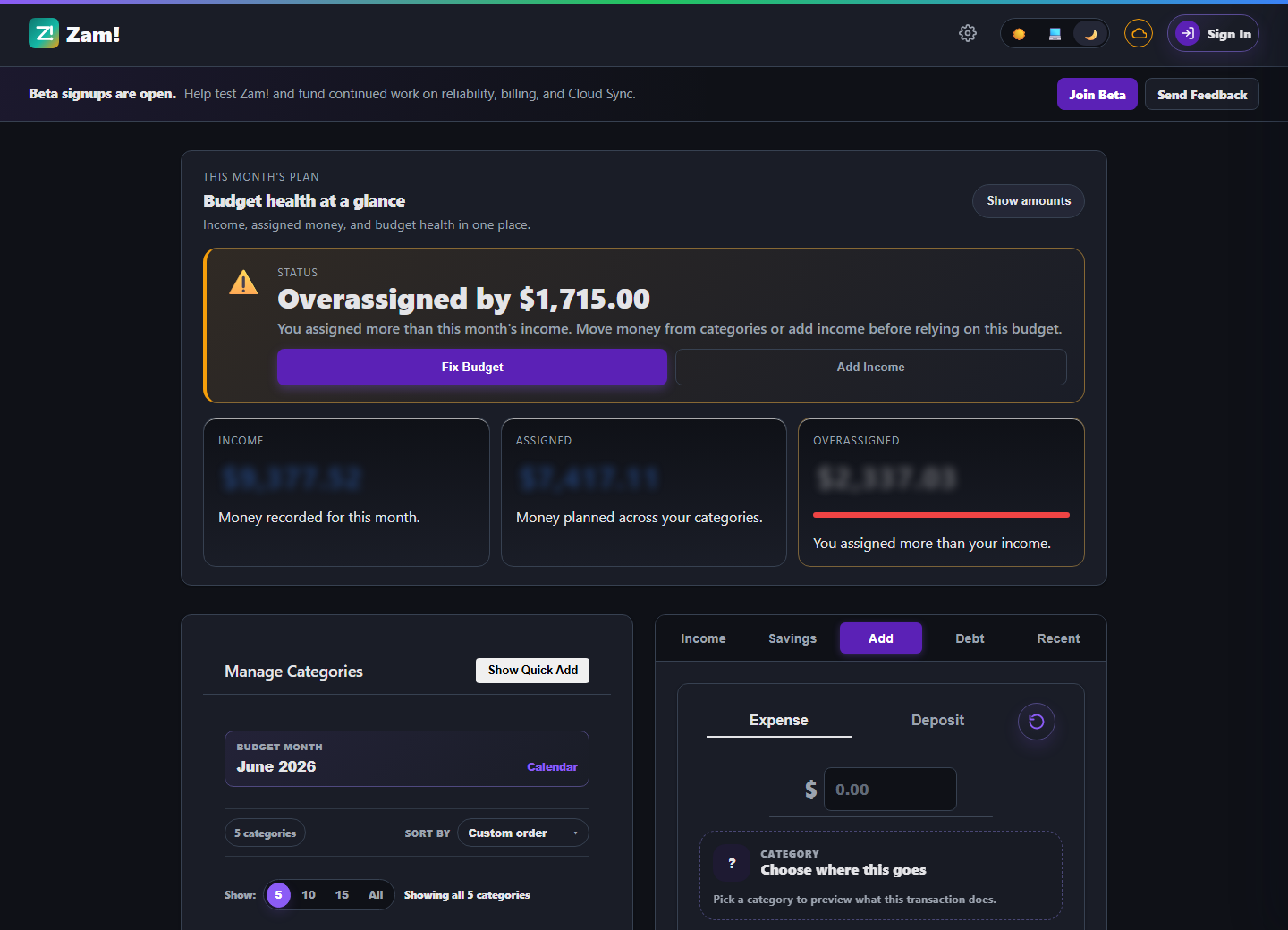 Zam! dashboard showing monthly income, assigned funds, category budgets, and the add transaction panel.