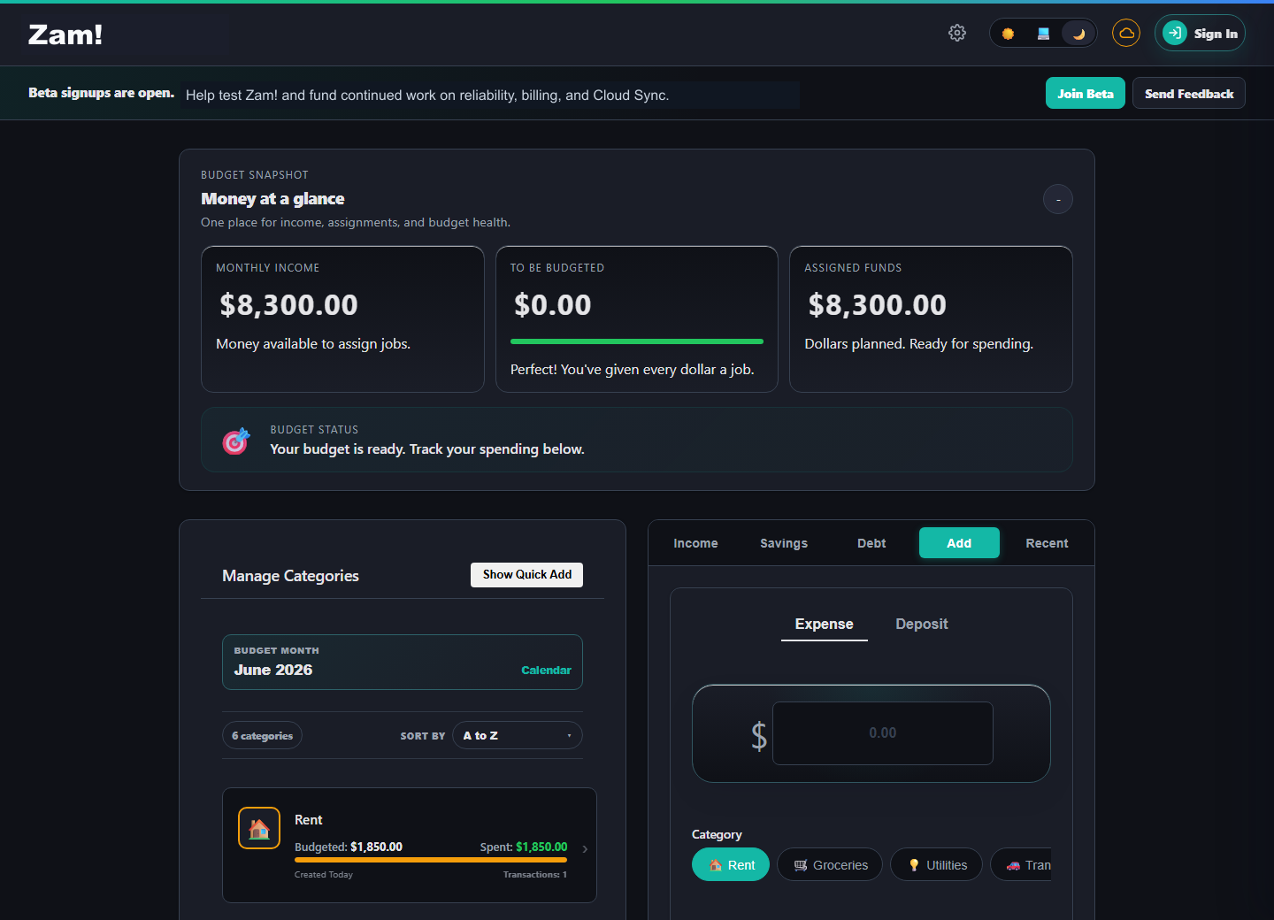Zam! dashboard showing monthly income, assigned funds, category budgets, and the add transaction panel
