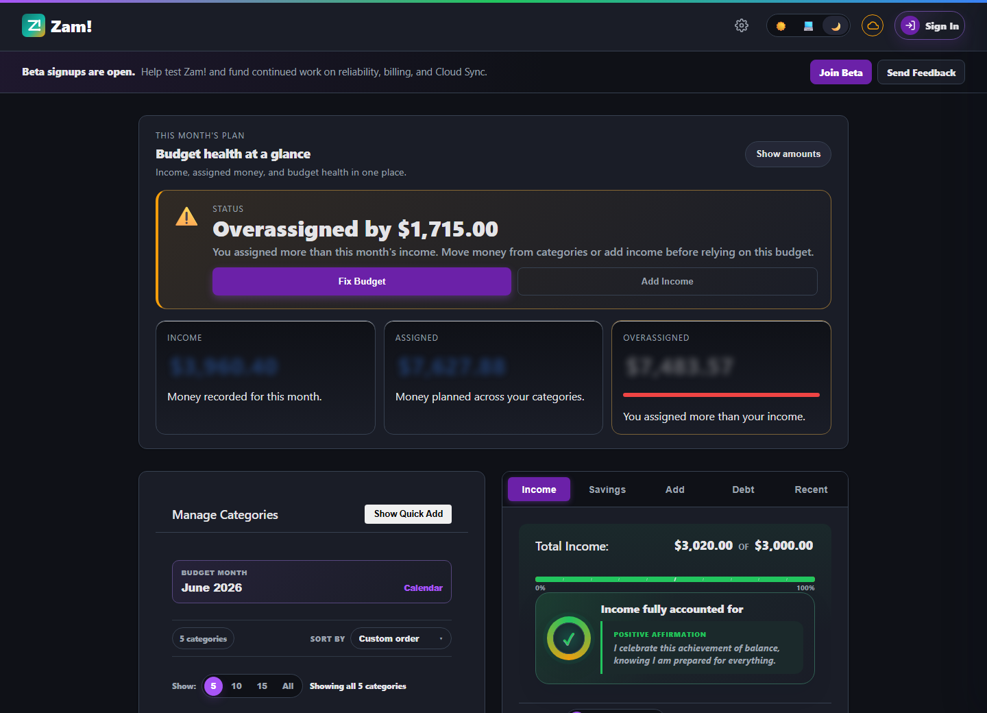 Zam! income tab showing expected income, logged income, and income source cards.