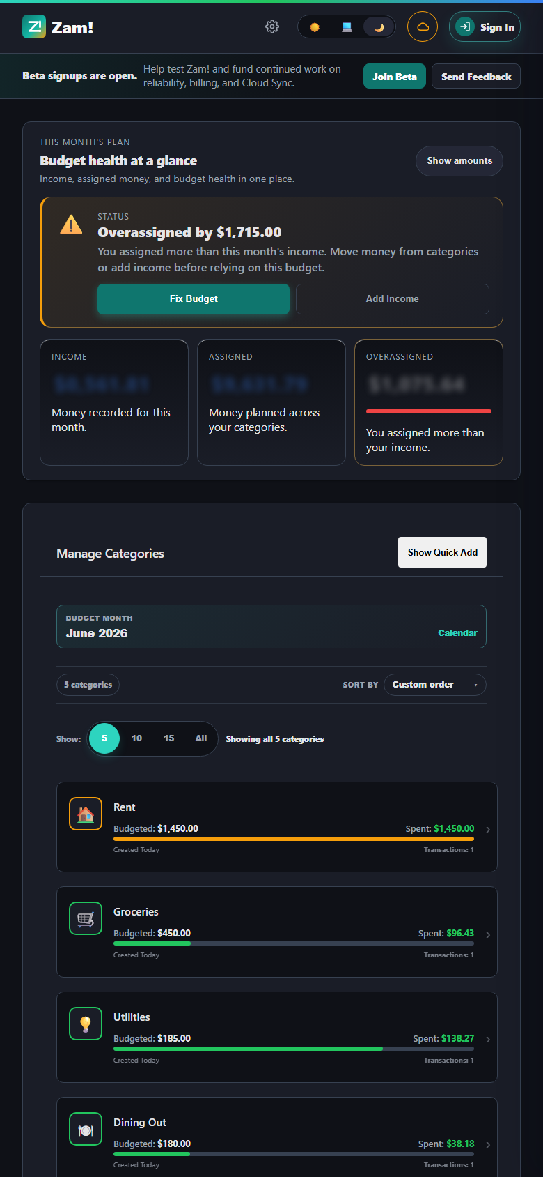 Zam! mobile-width dashboard layout showing budget summary cards and bottom navigation.