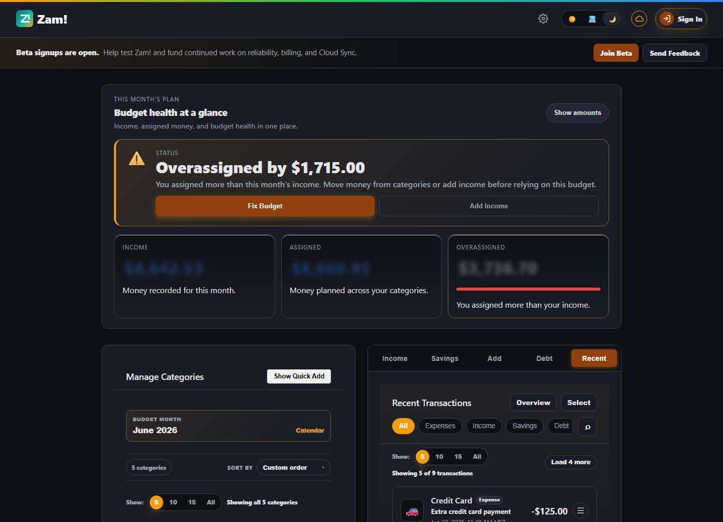 Zam! recent activity view showing transaction filters and recent budget activity.